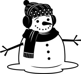 Black And White Christmas Snowman. Vector Hand Drawn Illustration Isolated On Transparent Background