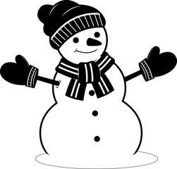 Black And White Christmas Snowman. Vector Hand Drawn Illustration Isolated On Transparent Background