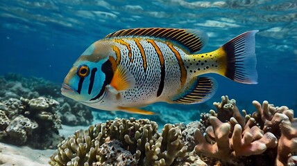 Fototapeta premium A Colorful Fish Swimming Through Coral Reef in the Ocean