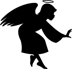 Christmas Angel Black Silhouette. Vector Hand Drawn Illustration Isolated On Transparent Background