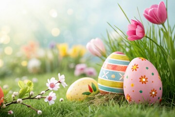 Fototapeta premium Festive Easter Fun with Colorful Eggs and Springtime Celebrations in a Hyperrealistic 8K Design for Vibrant Seasonal Joy and Magic