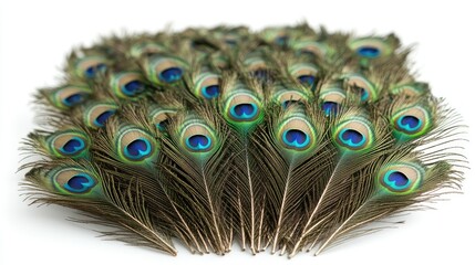 Obraz premium A collection of peacock feathers with their iconic blue eyespots arranged in a semi-circle, isolated on a white background.