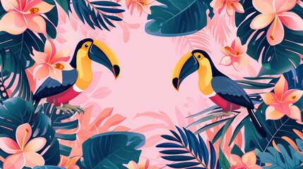 Naklejka premium A tropical background with toucans and palm leaves.
