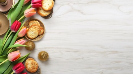 Fototapeta premium A bouquet of pink tulips, crackers, and decorative items on a white wood background.