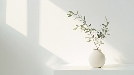 Minimalist Still Life: Plant in White Vase with Soft Light and Shadow