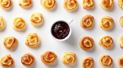 Freshly Baked Swirls of Pastry Arranged Neatly with a Bowl of Red Jam Highlighting a Delicious Sweet Treat for Breakfast or Dessert