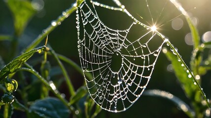 Dew-Covered Spider Web with Sun Rays and Bokeh
