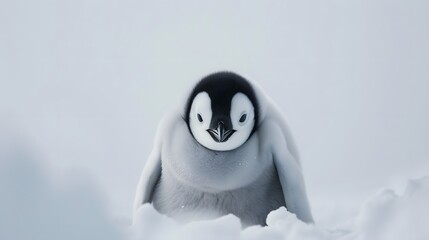 Fototapeta premium Sleek minimalistic visualization of a baby penguin in frosty white surroundings AI generated illustration