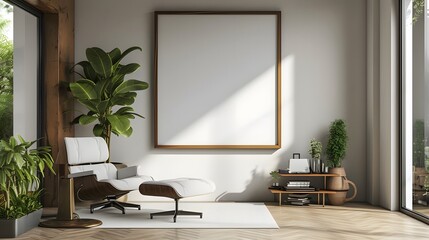 Sleek modern room showcasing a minimalist cinema poster within a wooden frame AI generated illustration