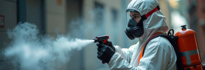pest control service. Employee from the pest control service wearing a mask and a protective suit sprays poisonous gas while. Extermination of bedbugs, cockroaches. Close up, blurred dark background