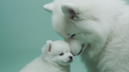 Fototapeta premium A loving Samoyed dog mother nuzzling her adorable puppy on a soft green background, showing tenderness
