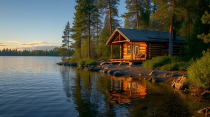 Obraz premium Small log cabin on the bank of a serene lake AI generated illustration