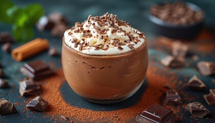 Chocolate Milkshake Topped with Whipped Cream and Chocolate Shavings