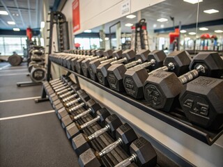 Free Weights Neatly Arranged on a Rack in a Modern Fitness Gym, Showcasing Strength Training Equipment for Fitness Enthusiasts and Personal Trainers