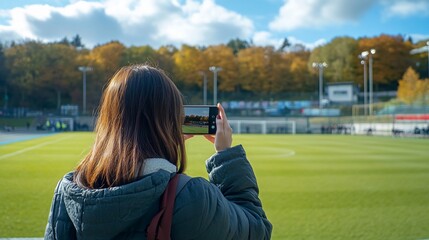 Naklejka premium Woman using a smartphone to film a soccer game in a stadium.