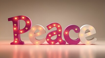 A 3D render of the word "PEACE" in a fuchsia, pink, and white font. Each letter is adorned with tiny golden hearts and emits a warm, inviting light.