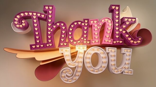A 3D render of the text "THANK YOU" in a charming and attractive fuchsia, pink, and white font. Each letter is adorned with tiny golden hearts.