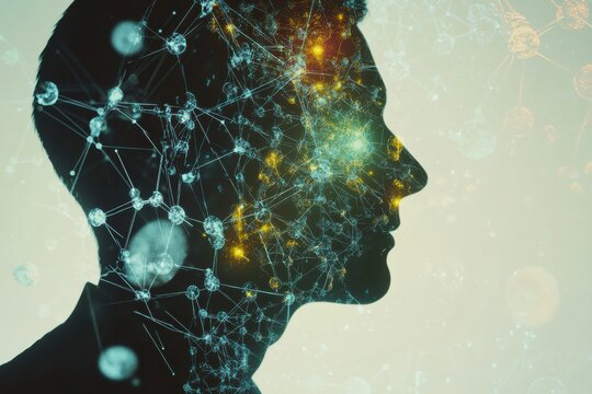 A silhouette of a person is enveloped by vibrant molecules and scientific diagrams, symbolizing the complexity of human knowledge. Generative AI