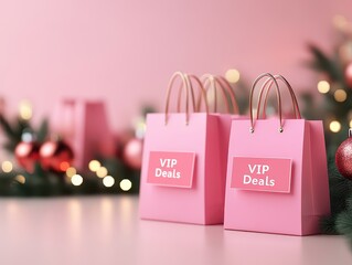 Pink shopping bags labeled "VIP Deals" surrounded by Christmas ornaments and festive decorations, set against a soft pink background for holiday promotions.
