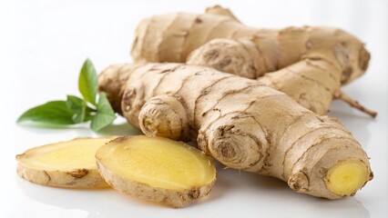 Fototapeta premium Fresh Ginger Root on White Background - Natural Culinary Ingredient, Healthy Spice for Cooking and Healing, Organic Freshness, Food Photography, Culinary Arts