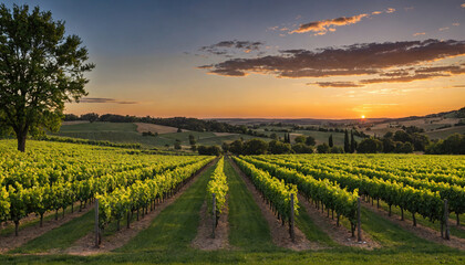 Fototapeta premium Rows of grapevines extend into the distance at sunset, creating a picturesque scene in a vineyard
