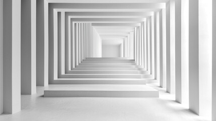 Modern Minimalist White Geometric Corridor with Symmetrical Receding Rectangular Frames