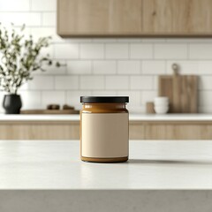 Glass Jar with Blank Label on a Kitchen Countertop