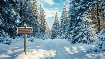A snowy forest landscape with towering pine trees and a trail sign leading into the winter wonderland, perfect for winter tourism content