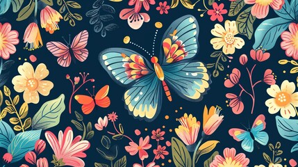 A seamless pattern of flowers and butterflies on a dark blue background.