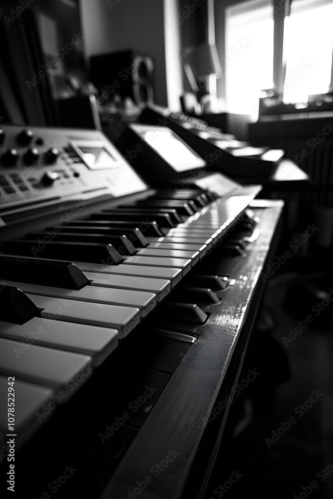 Poster sparse synthesizer notes reverberating throughout a strippeddown studio ai generated illustration