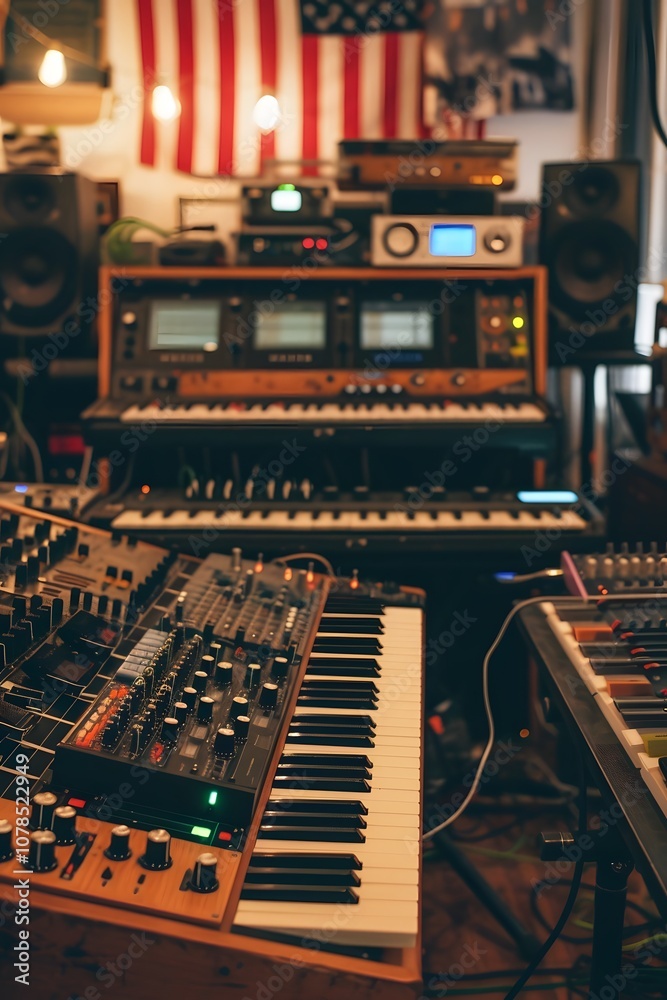 Poster sparse synthesizer notes reverberating throughout a strippeddown studio ai generated illustration