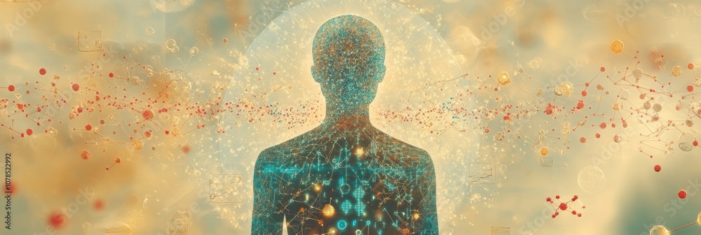 Aufkleber a human silhouette is enveloped by colorful molecules and diagrams, representing the complexity of s
