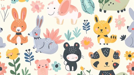 A seamless pattern of cute cartoon animals and flowers on a cream background.