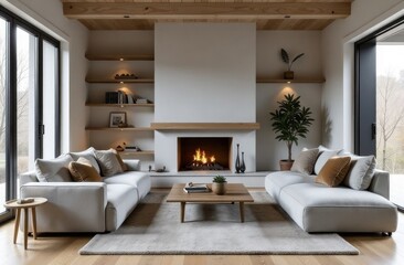 A chic living room with light sofas, a cozy fireplace, and large windows inviting natural light.