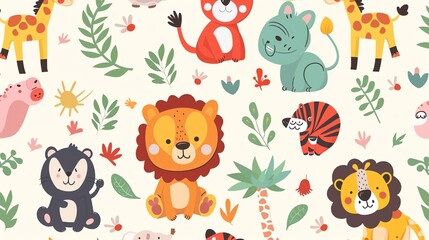 Obraz premium A seamless pattern featuring cute cartoon animals and jungle plants.