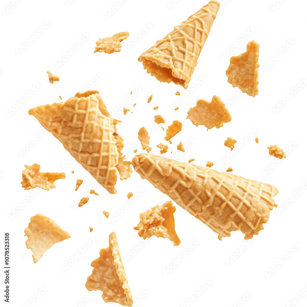Fototapete Description: Broken waffle cones, with large and small pieces scattered around on a white background. The cones have a crisp, golden-brown texture and a classic lattice pattern, creating a sense of mo