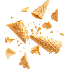 Description: Broken waffle cones, with large and small pieces scattered around on a white background. The cones have a crisp, golden-brown texture and a classic lattice pattern, creating a sense of mo