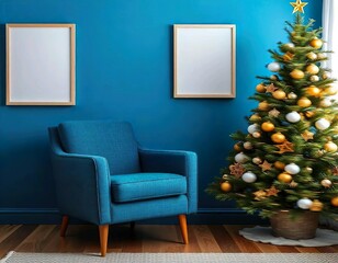 Blue armchair sofa, blue walls, living room with Christmas tree, white empty frame
