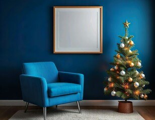 Blue armchair sofa, blue walls, living room with Christmas tree, white empty frame