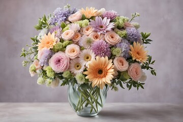 Obraz premium Bouquet of mixed flowers in pastel shades arranged elegantly in a vase, AI Generated
