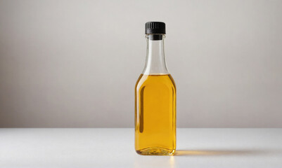A glass bottle of cooking oil sits on a white surface