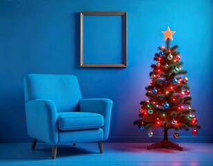 Blue armchair sofa, blue walls, living room with Christmas tree, white empty frame