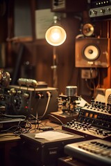 Naklejka premium Studio room filled with vintage broadcasting equipment as the word Podcast hovers in the golden spotlight AI generated illustration