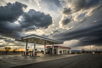 Obraz premium Gas Station Architecture Against a Dramatic Cloudy Sky: Captivating Views of Modern Fuel Stations Amidst Overcast Weather Conditions