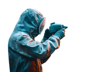 Industrial Paint. Woman in Protective Suit Spraying Powder Coating on Metal Parts