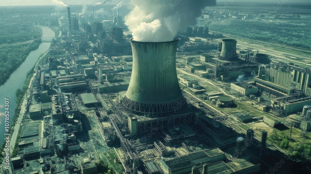 Poster bird eye view of a nuclear power plant, showcasing the complex network of energy production and infr