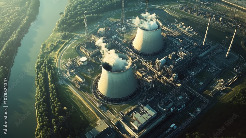 Poster bird eye view of a nuclear power plant, showcasing the complex network of energy production and infr