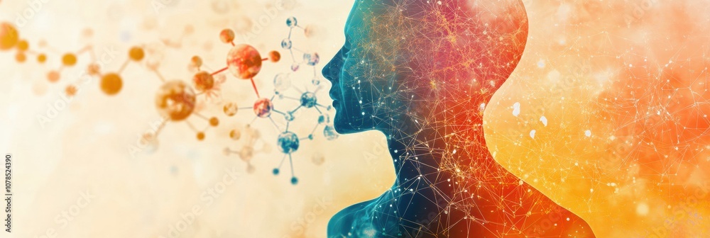 Poster a human silhouette interacts with colorful molecular structures and diagrams, symbolizing scientific