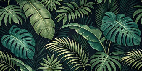 Glamorous Tropical Palm Leaves and Jungle Pattern for Luxurious Wallpapers and Fabrics Featuring Monstera and Banana Leaves in a Stunning Exotic Design