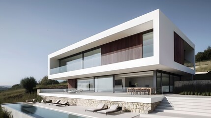 Fototapeta premium Subtle shades play on the surface of a white minimalistic modern house AI generated illustration